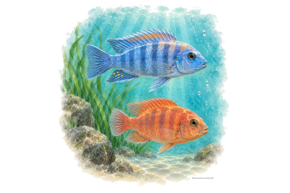 Aquarelle : Cichlidé zèbre rouge, mâle et femelle l'un au-dessus de l'autre dans une eau turquoise.