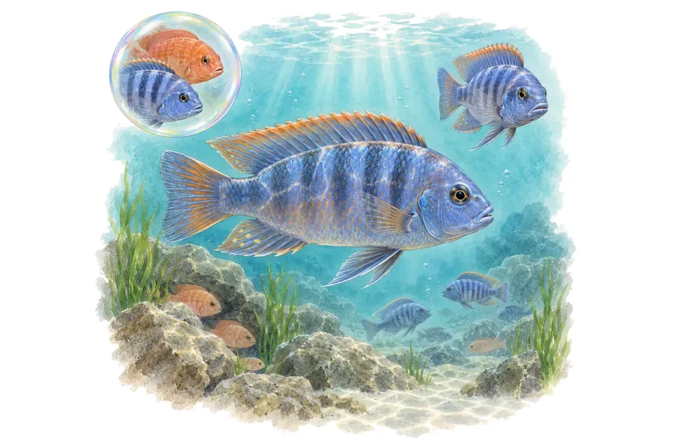 Aquarelle : Cichlidé zèbre rouge (Maylandia estherae) dans une eau turquoise lumineuse, avec une vue de trois quarts et un détail dans une bulle.