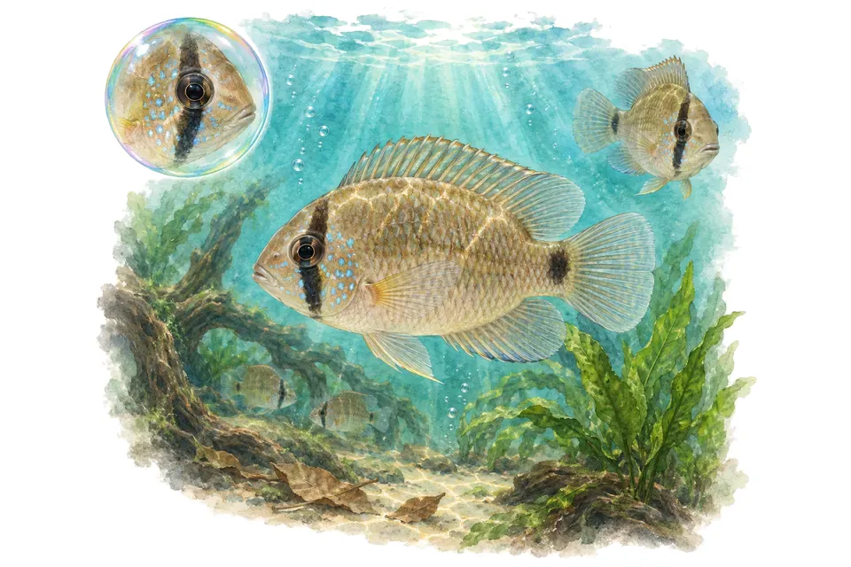 Aquarelle : Cichlidé trouillard (Cleithracara maronii) dans une eau turquoise lumineuse, avec une vue de trois quarts et un détail dans une bulle.
