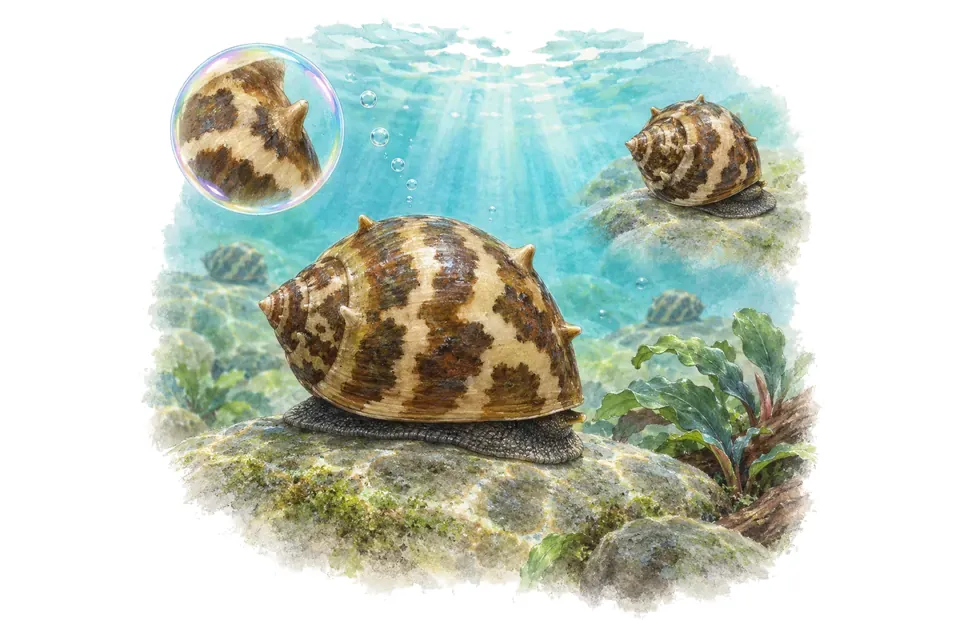 Aquarelle : Clithon à coquille rayée (Clithon sowerbianum) dans une eau turquoise lumineuse, avec une vue de trois quarts et un détail dans une bulle.