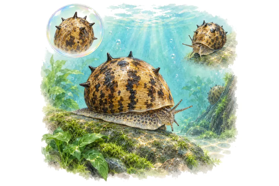 Aquarelle : Clithon corne de bélier (Clithon diadema) dans une eau turquoise lumineuse, avec une vue de trois quarts et un détail dans une bulle.
