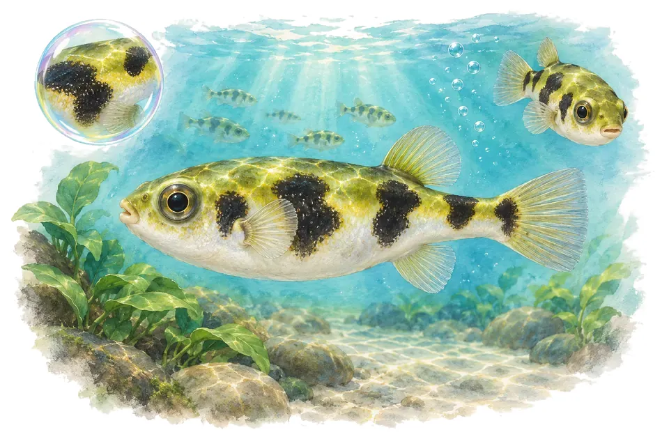 Aquarelle : Colomés amazonien (Colomesus asellus) dans une eau turquoise lumineuse, avec une vue de trois quarts et un détail dans une bulle.