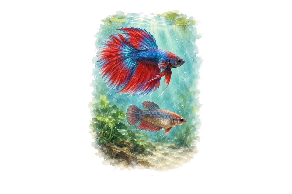 Aquarelle : Combattant, mâle et femelle l'un au-dessus de l'autre dans une eau turquoise.