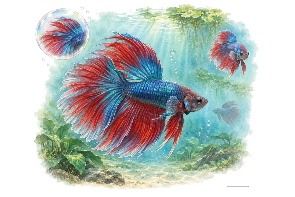Aquarelle : Combattant (Betta splendens) dans une eau turquoise lumineuse, avec une vue de trois quarts et un détail dans une bulle.