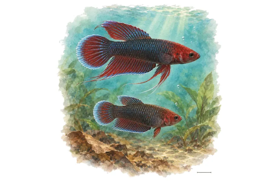 Aquarelle : Combattant à tête rouge, mâle et femelle l'un au-dessus de l'autre dans une eau turquoise.