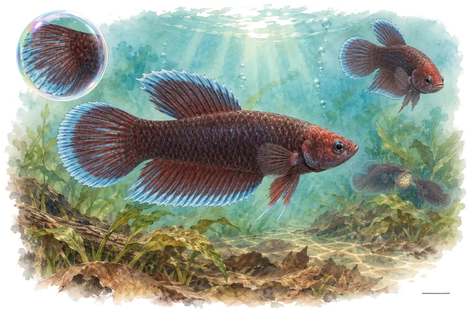 Aquarelle : Combattant à tête rouge (Betta channoides) dans une eau turquoise lumineuse, avec une vue de trois quarts et un détail dans une bulle.