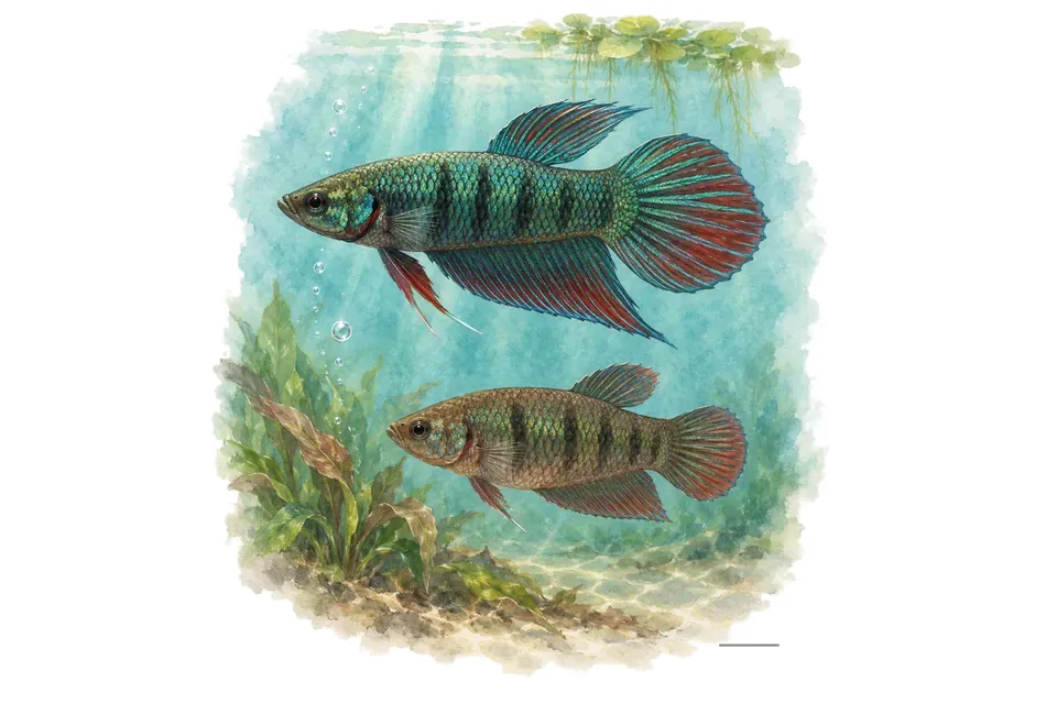 Aquarelle : Combattant émeraude, mâle et femelle l'un au-dessus de l'autre dans une eau turquoise.