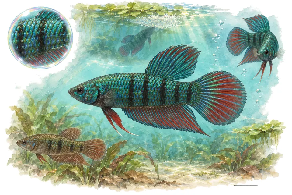 Aquarelle : Combattant émeraude (Betta smaragdina) dans une eau turquoise lumineuse, avec une vue de trois quarts et un détail dans une bulle.
