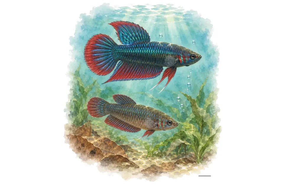 Aquarelle : Combattant paisible, mâle et femelle l'un au-dessus de l'autre dans une eau turquoise.