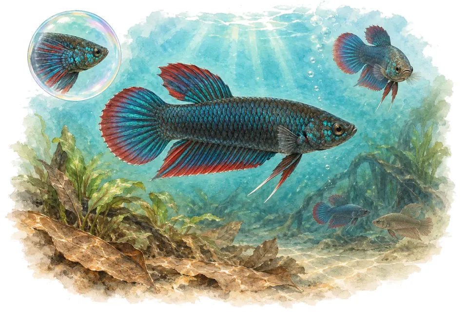 Aquarelle : Combattant paisible (Betta imbellis) dans une eau turquoise lumineuse, avec une vue de trois quarts et un détail dans une bulle.