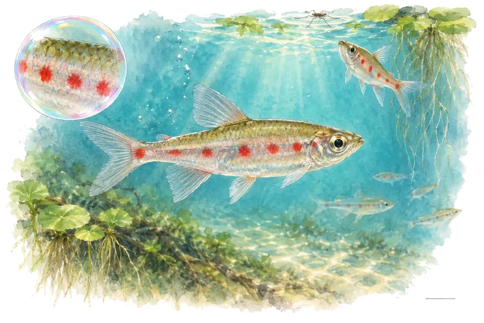 Aquarelle : Copella à points rouges (Copella arnoldi) dans une eau turquoise lumineuse, avec une vue de trois quarts et un détail dans une bulle.