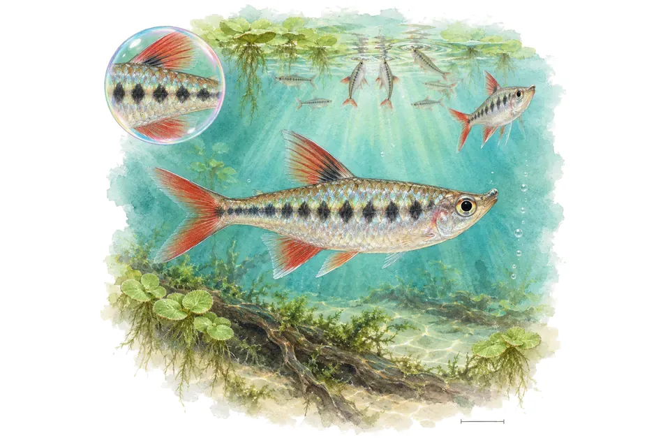 Aquarelle : Copella diamant (Copella nattereri) dans une eau turquoise lumineuse, avec une vue de trois quarts et un détail dans une bulle.