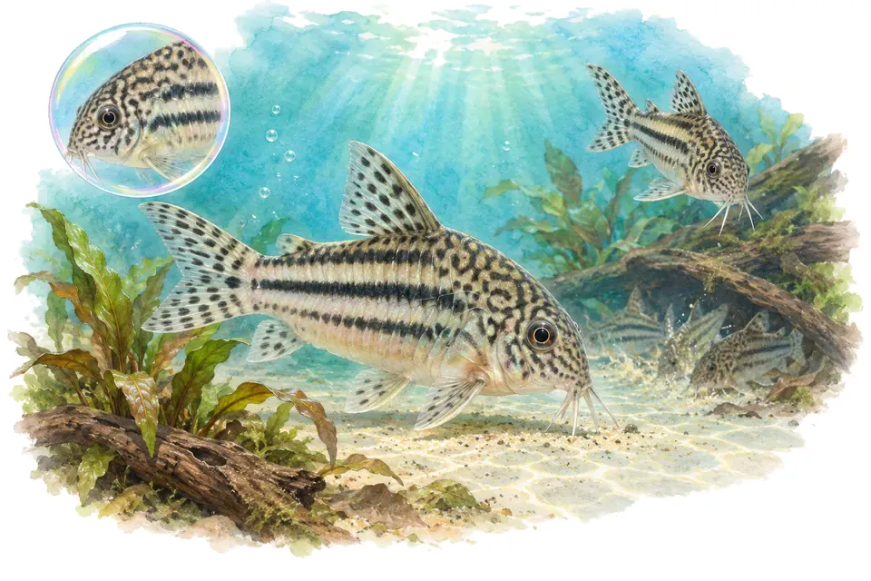 Aquarelle : Corydoras à trois bandes (Hoplisoma trilineatum) dans une eau turquoise lumineuse, avec une vue de trois quarts et un détail dans une bulle.