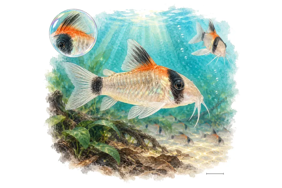Aquarelle : Corydoras adolfoi (Hoplisoma adolfoi) dans une eau turquoise lumineuse, avec une vue de trois quarts et un détail dans une bulle.