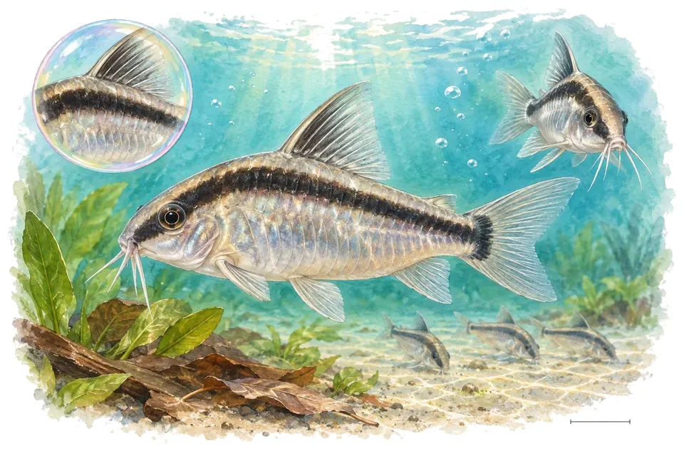Aquarelle : Corydoras arqué (Brochis arcuata) dans une eau turquoise lumineuse, avec une vue de trois quarts et un détail dans une bulle.
