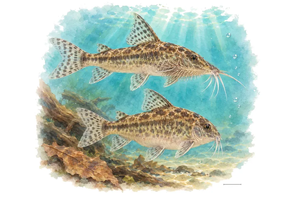 Aquarelle : Corydoras barbu, mâle et femelle l'un au-dessus de l'autre dans une eau turquoise.