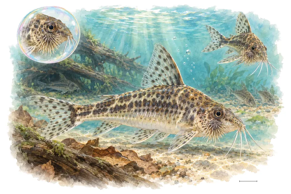 Aquarelle : Corydoras barbu (Scleromystax barbatus) dans une eau turquoise lumineuse, avec une vue de trois quarts et un détail dans une bulle.