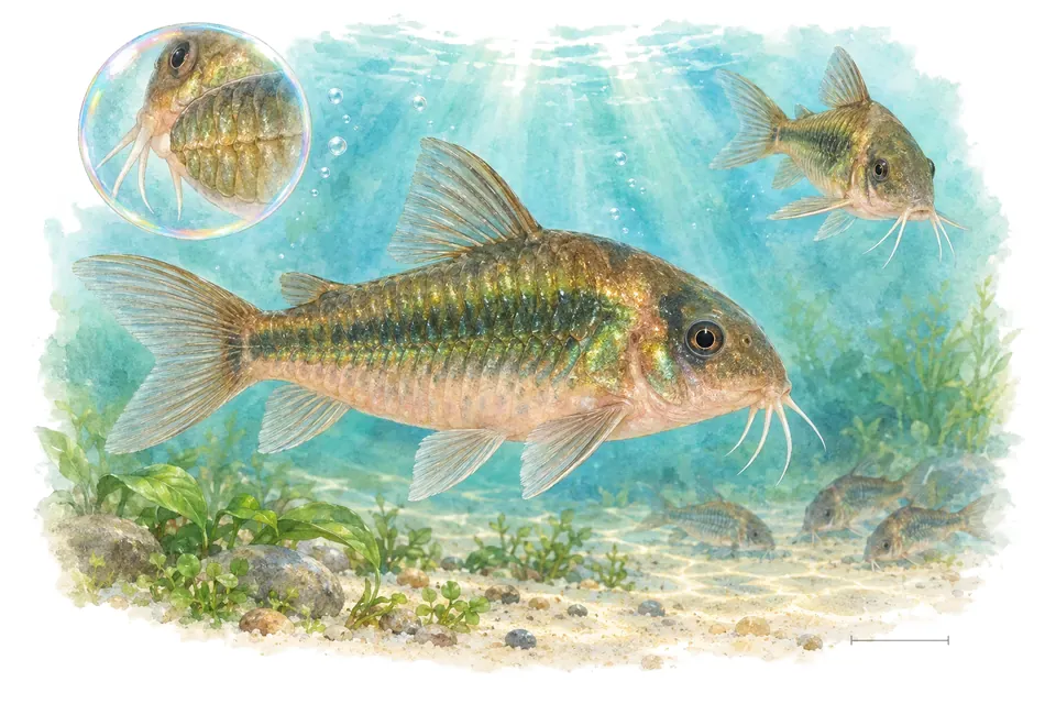 Aquarelle : Corydoras bronze (Osteogaster aeneus) dans une eau turquoise lumineuse, avec une vue de trois quarts et un détail dans une bulle.