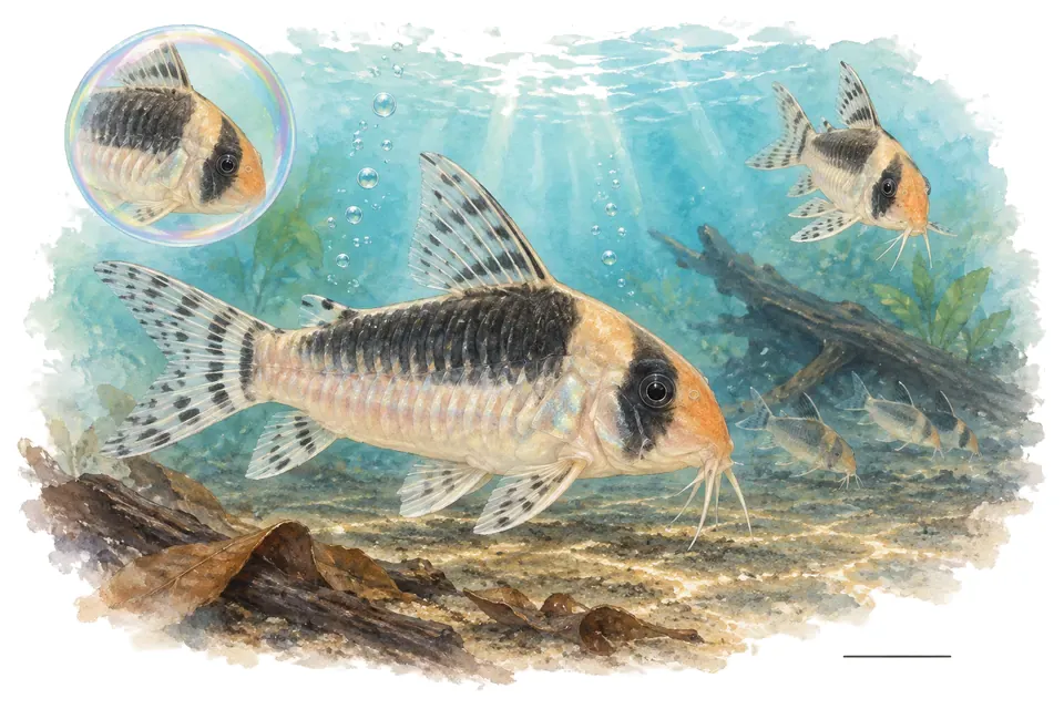 Aquarelle : Corydoras de Burgess (Hoplisoma burgessi) dans une eau turquoise lumineuse, avec une vue de trois quarts et un détail dans une bulle.