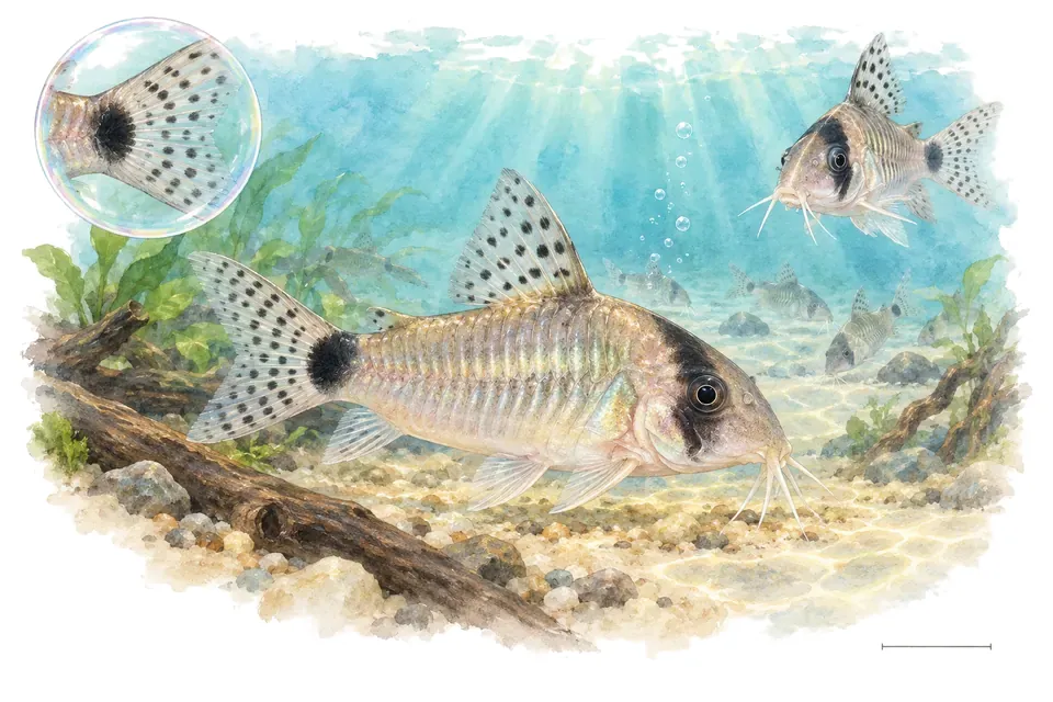 Aquarelle : Corydoras à tache caudale (Hoplisoma caudimaculatum) dans une eau turquoise lumineuse, avec une vue de trois quarts et un détail dans une bulle.