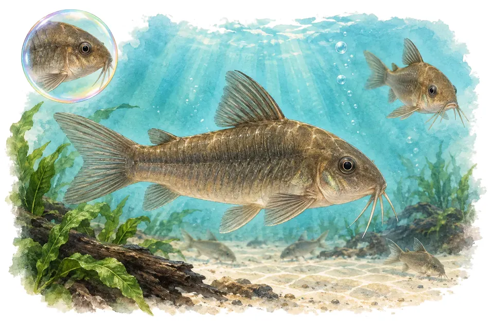 Aquarelle : Corydoras concolor (Corydoras concolor) dans une eau turquoise lumineuse, avec une vue de trois quarts et un détail dans une bulle.