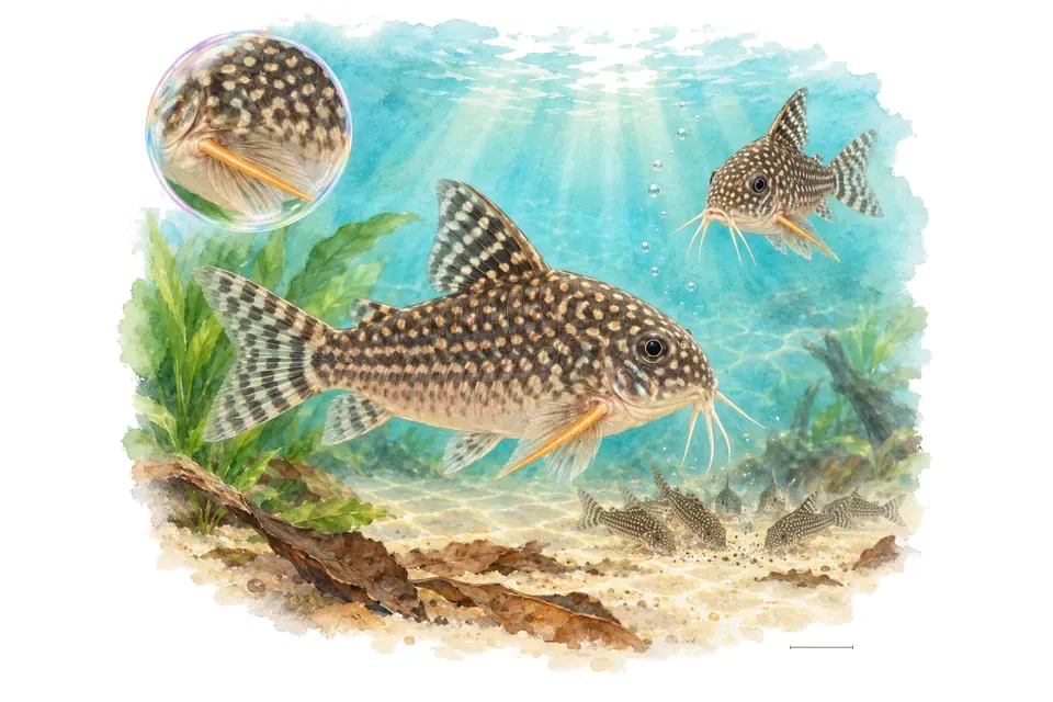 Aquarelle : Corydoras de Sterba (Hoplisoma sterbai) dans une eau turquoise lumineuse, avec une vue de trois quarts et un détail dans une bulle.