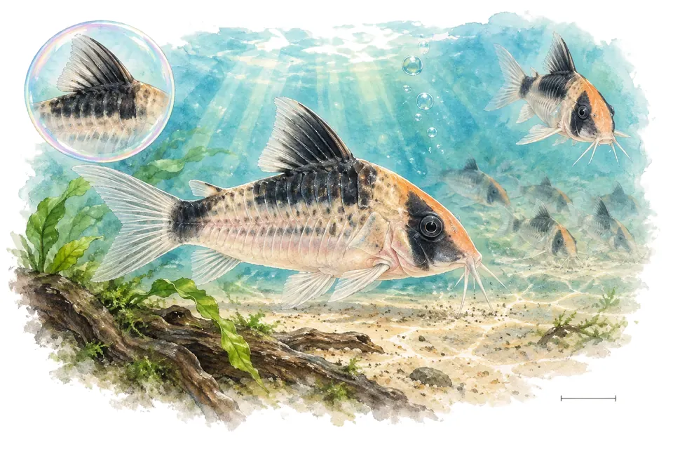 Aquarelle : Corydoras duplicareus (Hoplisoma duplicareum) dans une eau turquoise lumineuse, avec une vue de trois quarts et un détail dans une bulle.