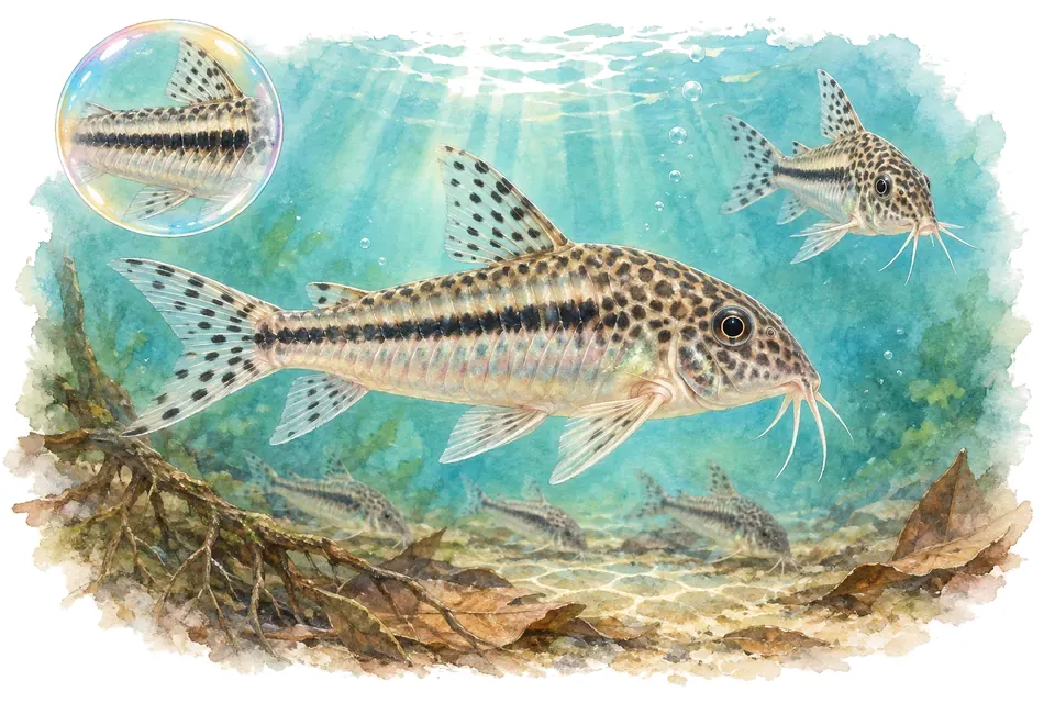 Aquarelle : Corydoras élégant (Gastrodermus elegans) dans une eau turquoise lumineuse, avec une vue de trois quarts et un détail dans une bulle.