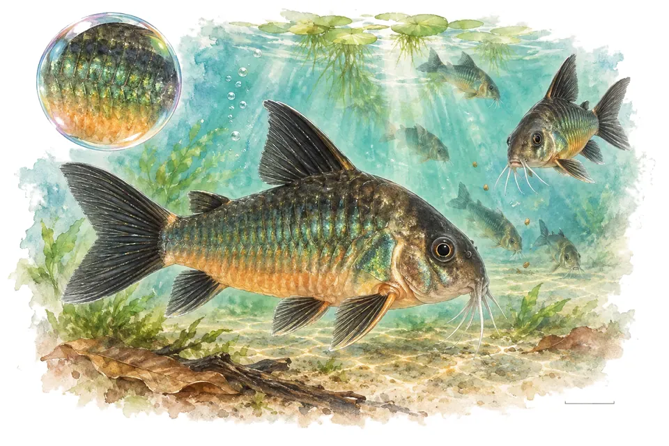 Aquarelle : Corydoras cavalier (Osteogaster eques) dans une eau turquoise lumineuse, avec une vue de trois quarts et un détail dans une bulle.