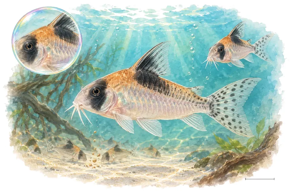 Aquarelle : Corydoras de Gosse (Hoplisoma gossei) dans une eau turquoise lumineuse, avec une vue de trois quarts et un détail dans une bulle.