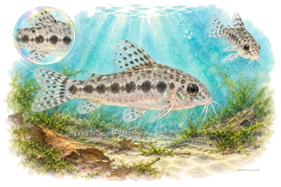 Aquarelle : Corydoras habrosus (Corydoras habrosus) dans une eau turquoise lumineuse, avec une vue de trois quarts et un détail dans une bulle.