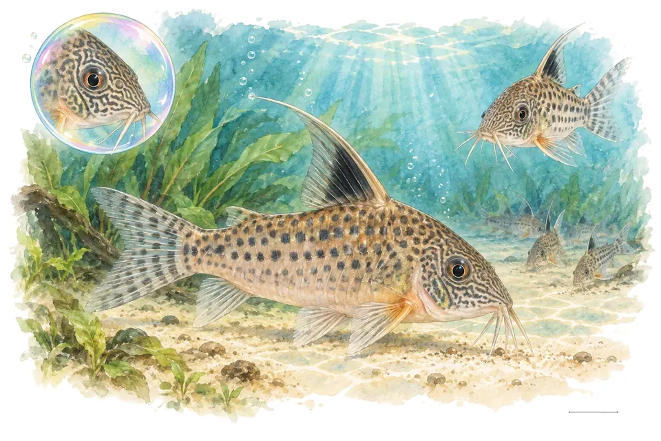 Aquarelle : Corydoras de Harald Schultz (Brochis haraldschultzi) dans une eau turquoise lumineuse, avec une vue de trois quarts et un détail dans une bulle.