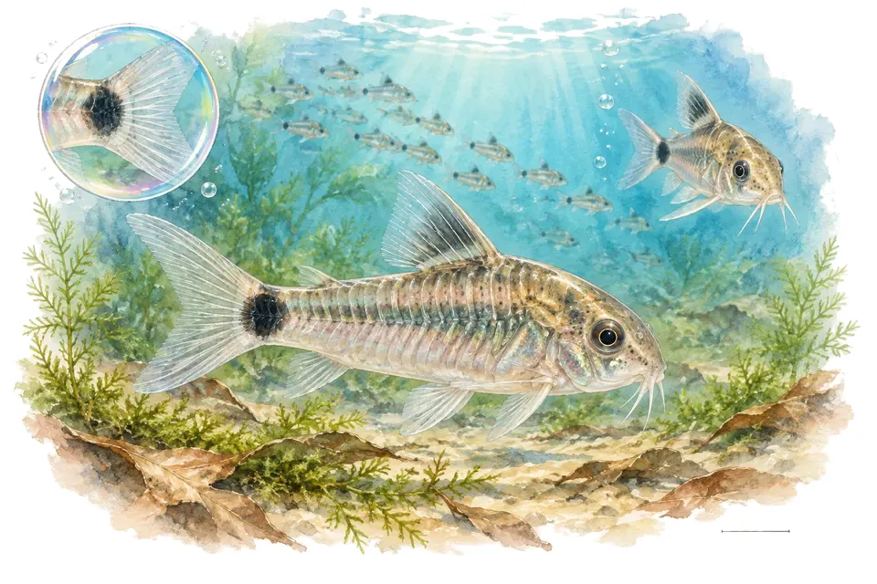 Aquarelle : Corydoras à queue tachée (Gastrodermus hastatus) dans une eau turquoise lumineuse, avec une vue de trois quarts et un détail dans une bulle.