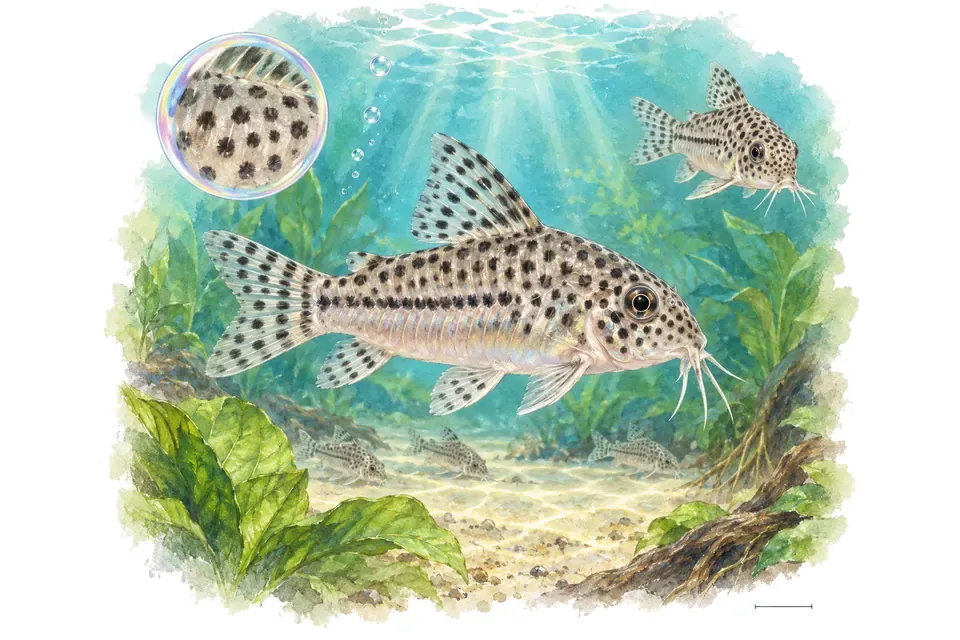 Aquarelle : Corydoras julii (Hoplisoma julii) dans une eau turquoise lumineuse, avec une vue de trois quarts et un détail dans une bulle.