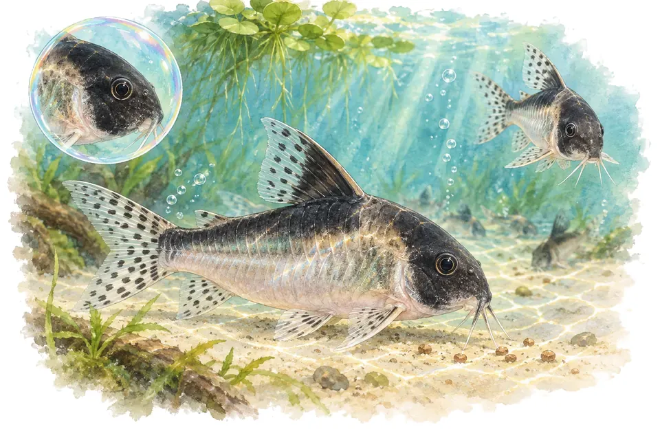 Aquarelle : Corydoras à tache noire (Hoplisoma melanistium) dans une eau turquoise lumineuse, avec une vue de trois quarts et un détail dans une bulle.