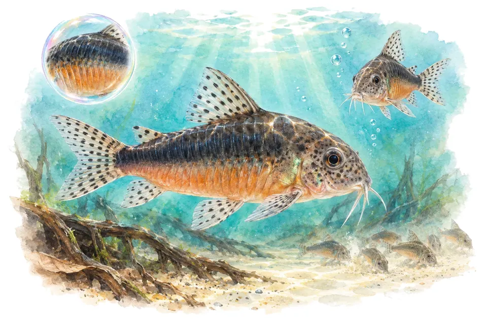 Aquarelle : Corydoras doré (Hoplisoma melanotaenia) dans une eau turquoise lumineuse, avec une vue de trois quarts et un détail dans une bulle.