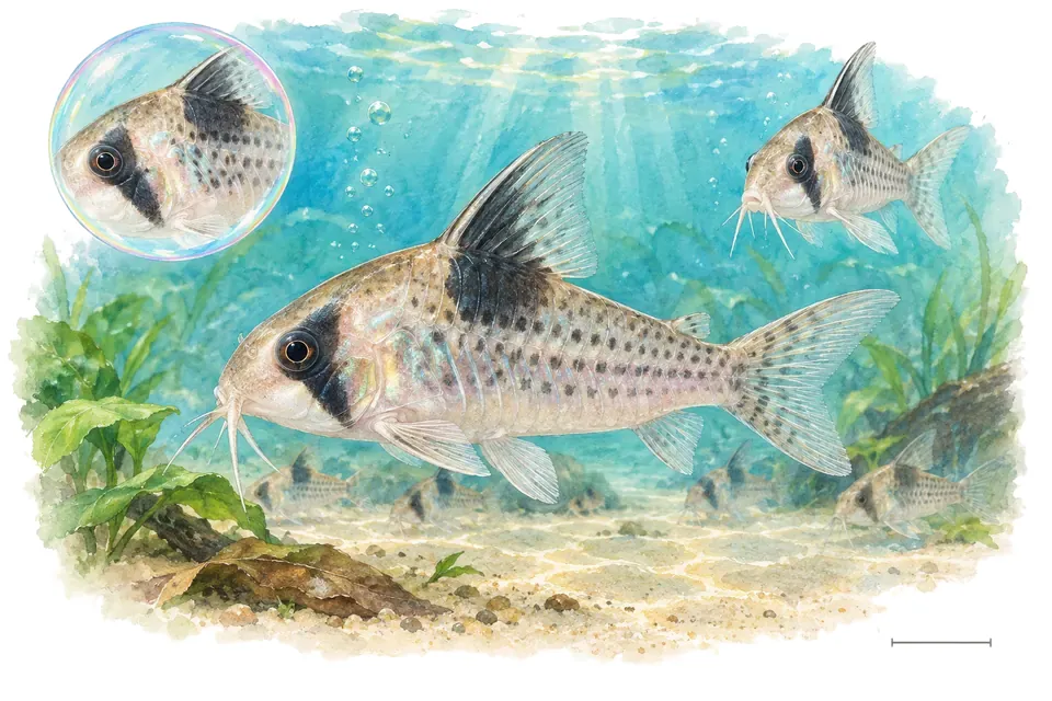 Aquarelle : Corydoras à bandeau (Hoplisoma metae) dans une eau turquoise lumineuse, avec une vue de trois quarts et un détail dans une bulle.