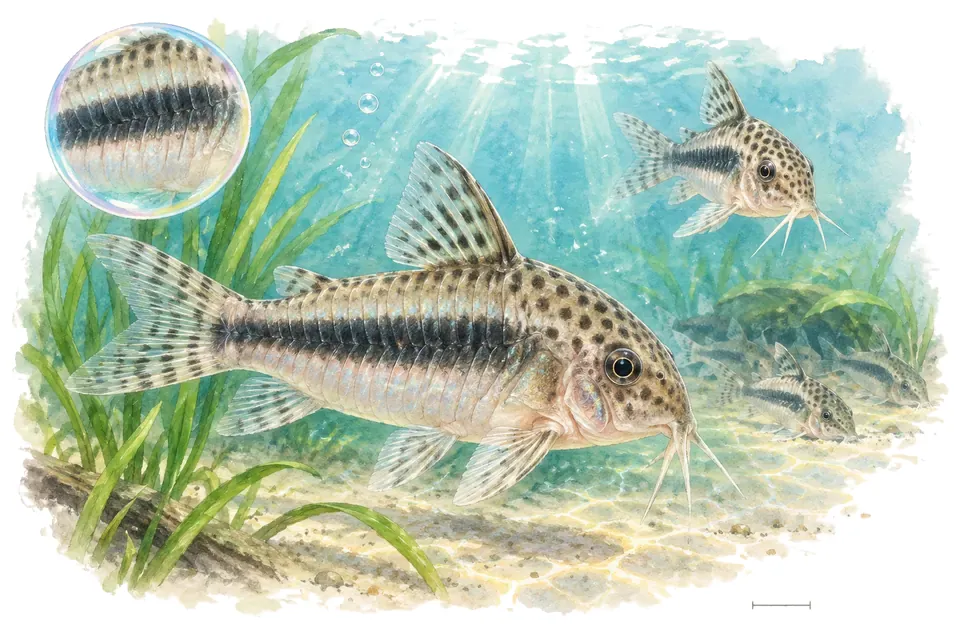 Aquarelle : Corydoras de Natterer (Corydoras nattereri) dans une eau turquoise lumineuse, avec une vue de trois quarts et un détail dans une bulle.