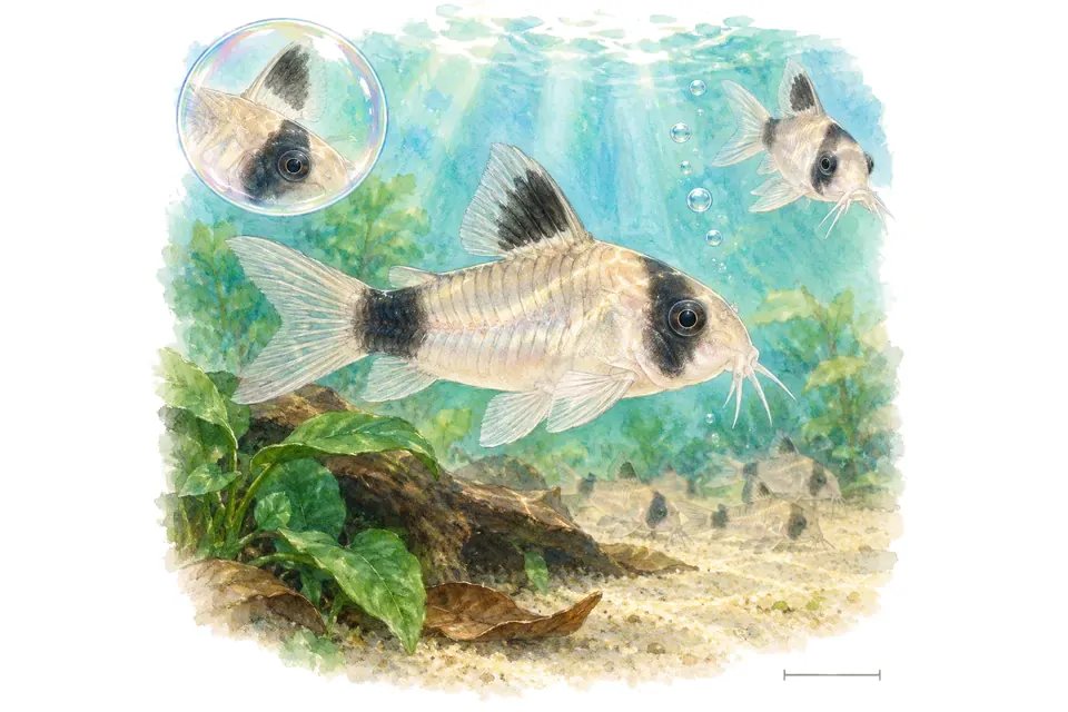 Aquarelle : Corydoras panda (Hoplisoma panda) dans une eau turquoise lumineuse, avec une vue de trois quarts et un détail dans une bulle.