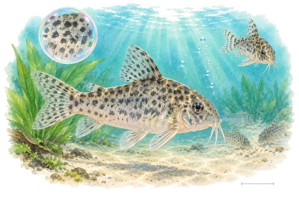 Aquarelle : Corydoras poivré (Hoplisoma paleatum) dans une eau turquoise lumineuse, avec une vue de trois quarts et un détail dans une bulle.