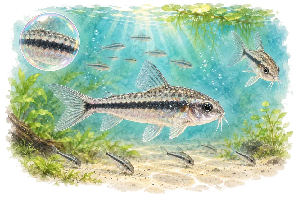 Aquarelle : Corydoras pygmée (Gastrodermus pygmaeus) dans une eau turquoise lumineuse, avec une vue de trois quarts et un détail dans une bulle.