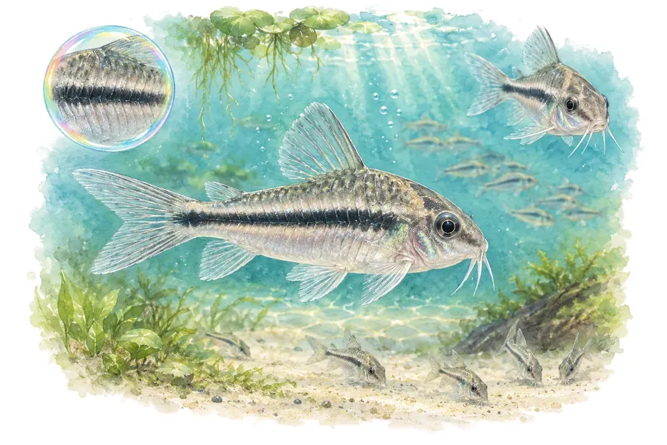 Aquarelle : Corydoras pygmée (Gastrodermus pygmaeus) dans une eau turquoise lumineuse, avec une vue de trois quarts et un détail dans une bulle.