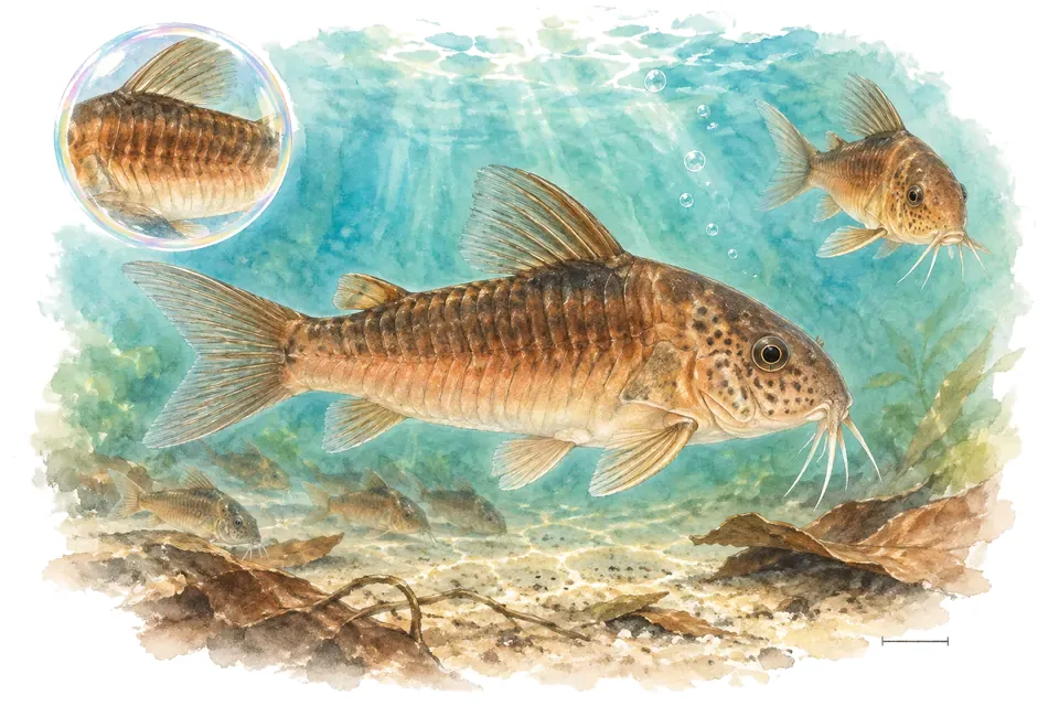 Aquarelle : Corydoras de Rabaut (Hoplisoma rabauti) dans une eau turquoise lumineuse, avec une vue de trois quarts et un détail dans une bulle.
