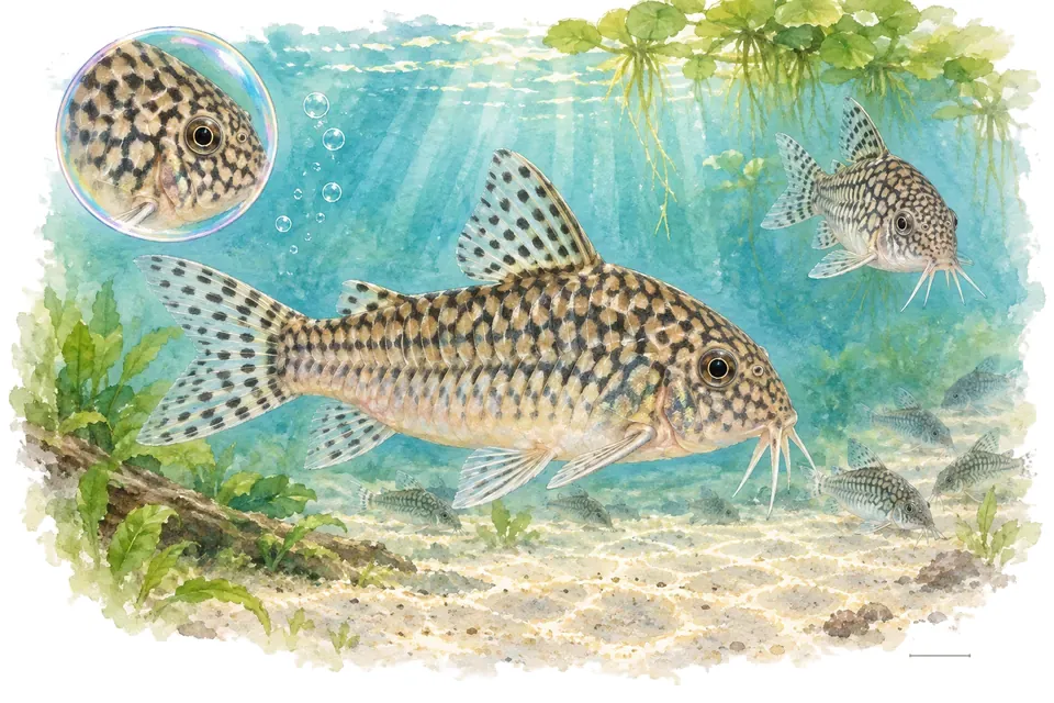 Aquarelle : Corydoras réticulé (Hoplisoma reticulatum) dans une eau turquoise lumineuse, avec une vue de trois quarts et un détail dans une bulle.