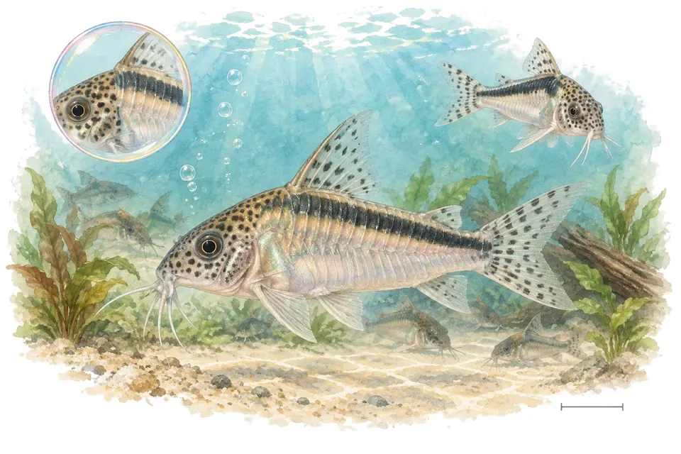 Aquarelle : Corydoras de Schwartz (Hoplisoma schwartzi) dans une eau turquoise lumineuse, avec une vue de trois quarts et un détail dans une bulle.