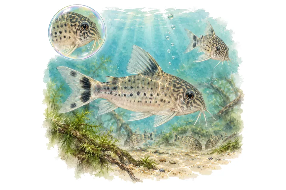 Aquarelle : Corydoras similis (Hoplisoma simile) dans une eau turquoise lumineuse, avec une vue de trois quarts et un détail dans une bulle.
