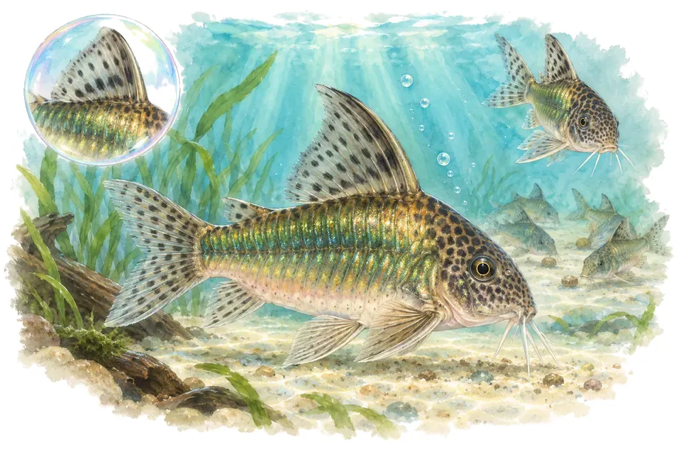 Aquarelle : Corydoras émeraude (Brochis splendens) dans une eau turquoise lumineuse, avec une vue de trois quarts et un détail dans une bulle.