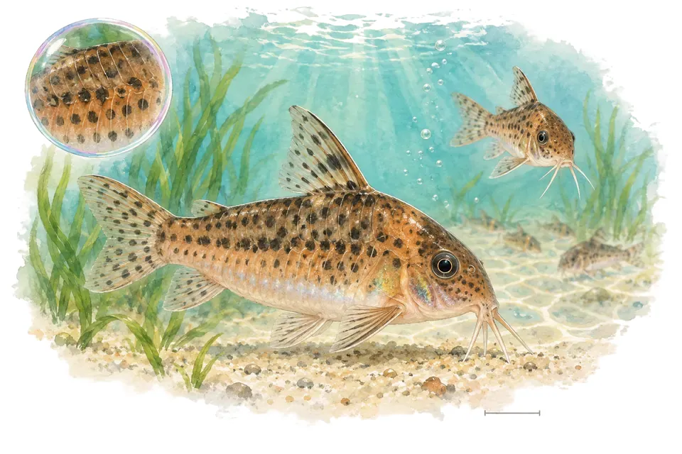 Aquarelle : Corydoras du Venezuela (Osteogaster venezuelana) dans une eau turquoise lumineuse, avec une vue de trois quarts et un détail dans une bulle.