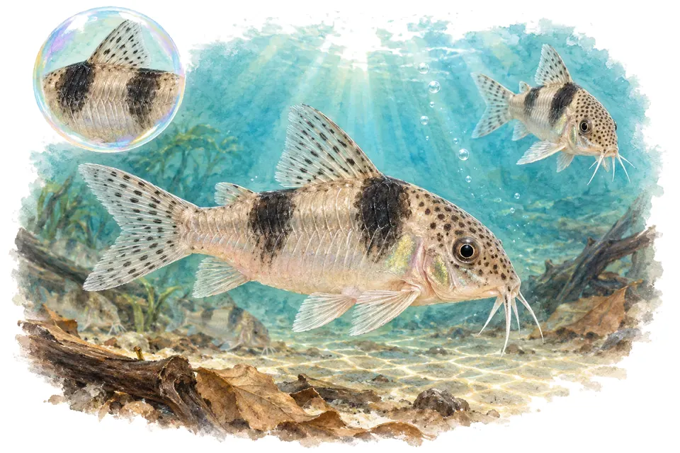 Aquarelle : Corydoras de Weitzman (Hoplisoma weitzmani) dans une eau turquoise lumineuse, avec une vue de trois quarts et un détail dans une bulle.