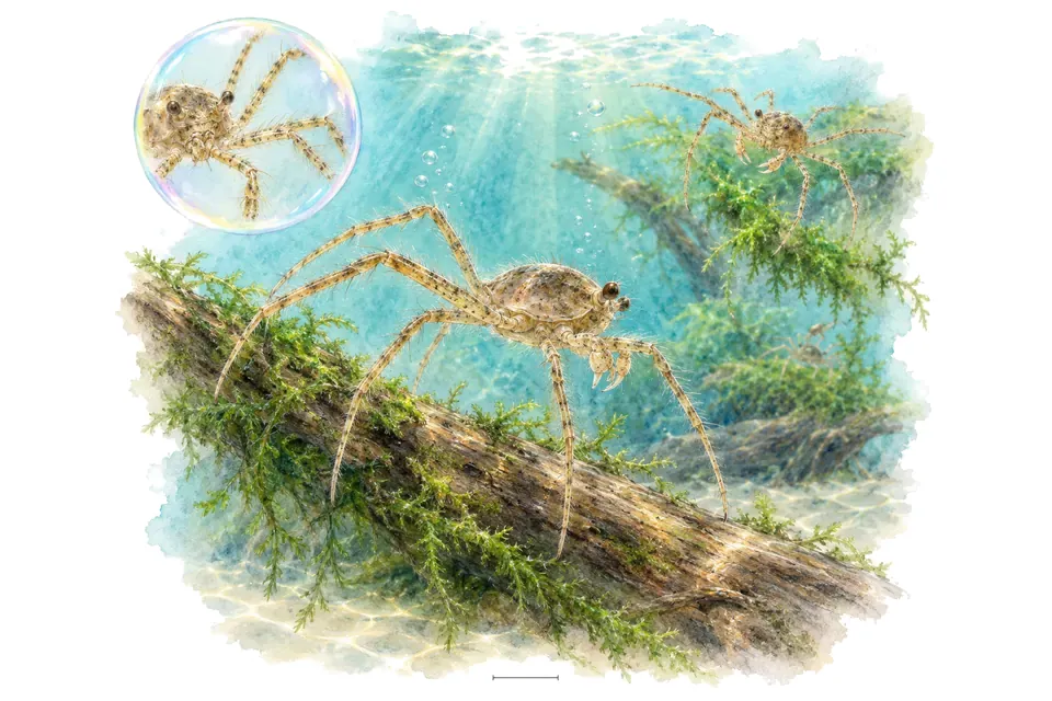 Aquarelle : Crabe araignée d'eau douce (Limnopilos naiyanetri) dans une eau turquoise lumineuse, avec une vue de trois quarts et un détail dans une bulle.